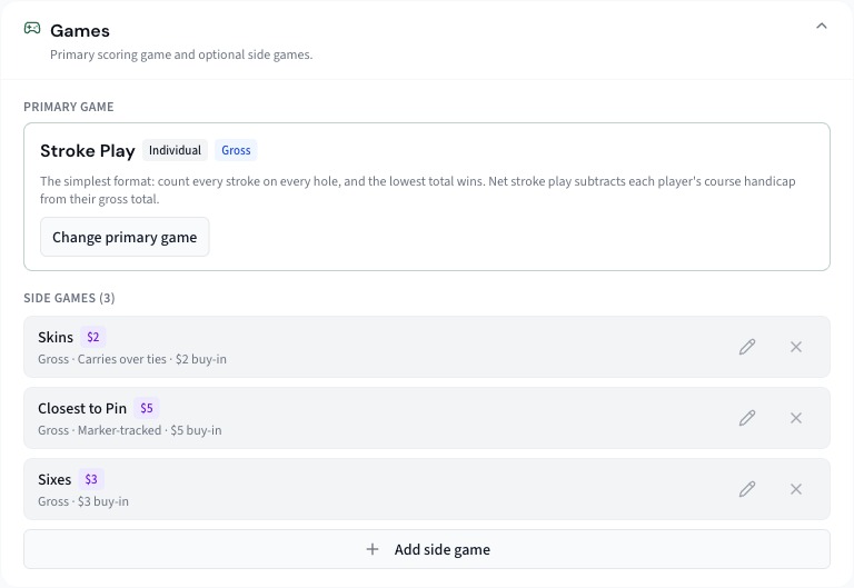ScoringHQ — round games setup with a primary scoring game plus skins with carry-over, closest to pin, and sixes side games, each with buy-ins