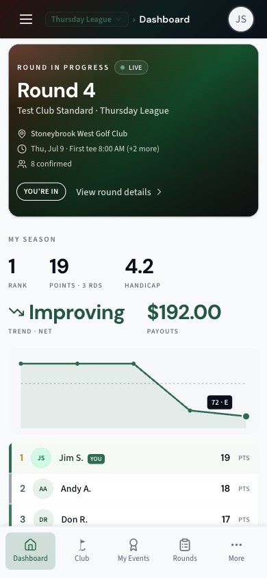 ScoringHQ — member dashboard showing a live round in progress, season rank and points, handicap, scoring trend, and payouts
