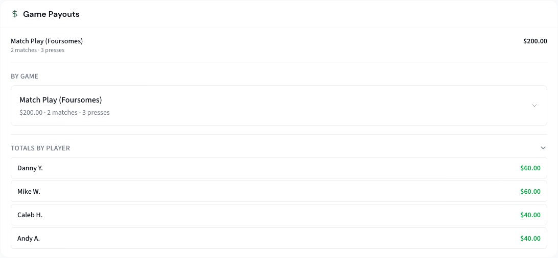 ScoringHQ — game payouts with matches and presses totaled by game, and a who-owes-who breakdown totaled by player